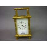 Early 20th Century gilt brass carriage clock of simulated bamboo design,