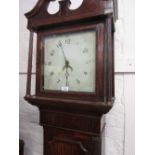 19th Century oak longcase clock having broken arch hood above a square plain white painted dial