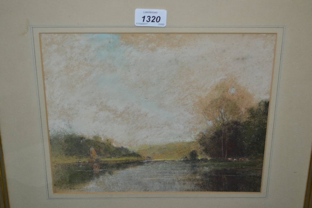 Two framed pastel drawings, river landscape with boats, signed T. W.