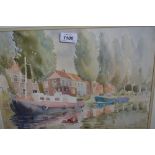 Karen Simmons, 20th Century watercolour of moored barges, signed, 13ins x 16ins,