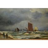 Henri Pitcher, oil on canvas, coastal scene with figures and boats, signed, 10ins x 20ins,