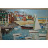 20th Century oil on canvas board, harbour scene with moored boats and distant buildings,