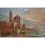 20th Century Italian school oil on canvas, coastal scene with figures and buildings,