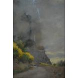 Gilt framed pastel drawing, figures on a continental mountain road, indistinctly signed Casciaro?,