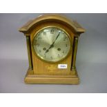 Edwardian mahogany and inlaid mantel clock with brass corner pilasters, silvered dial,