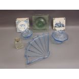 Five antique Delftware tiles (a/f), silver mounted cut glass perfume bottle (a/f),