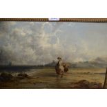 19th Century English school oil on canvas, beach scene with fisherfolk and distant sailing vessels,