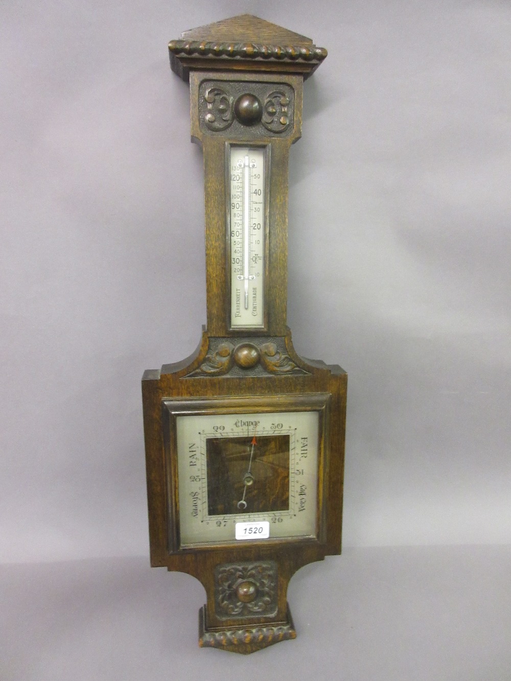Early 20th Century carved oak aneroid barometer / thermometer