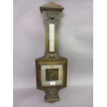 Early 20th Century carved oak aneroid barometer / thermometer