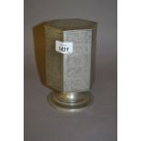 Chinese pewter hexagonal pedestal tea canister with floral engraved decoration and character mark