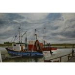 20th Century oil on board, moored fishing boats, signed Baxter, 15ins x 20ins,