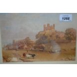 19th Century watercolour, landscape, cattle before river and distant hill top castle, unsigned,