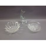 Art Glass sculpture of a fish together with two 20th Century glass bowls