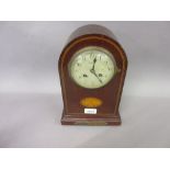 Edwardian mahogany line and lunette inlaid mantel clock with silvered dial,