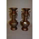 Pair of early 20th Century Japanese bronze two handled baluster form vases decorated with relief