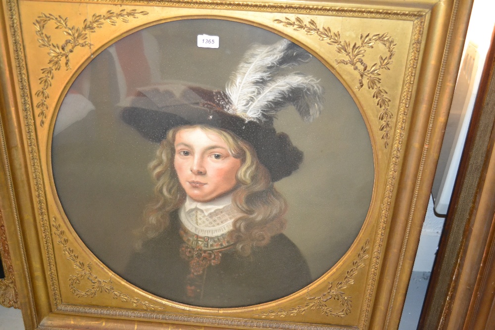 19th Century circular mounted pastel drawing, portrait of a young man in 17th Century costume,