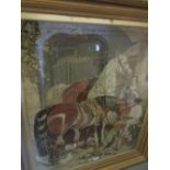 Large 19th Century needlepoint picture, figures with horses outside a house, gilt framed,