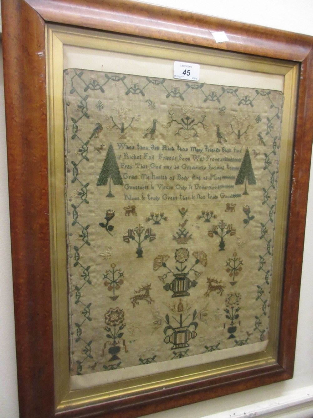 19th Century maple framed pictorial sampler,