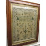 19th Century maple framed pictorial sampler,