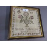 Small late 18th Century needlework pictorial sampler by Sarah Robinson 1797