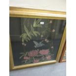 Late 20th Century framed silkwork picture depicting birds and flowers