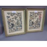 Pair of Chinese silk and gold threadwork pictures of figures in wooded landscapes,