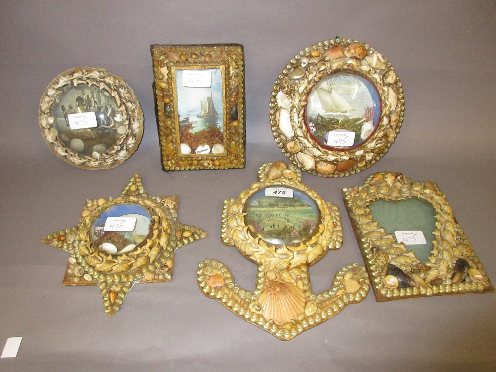 Collection of six late 19th / early 20th Century circular shell work picture frames with domed