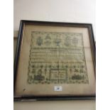 Early Victorian pictorial and motto sampler, signed Rachel Hawkes,