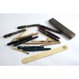 TEN VARIOUS FOUNTAIN PENS Eight various gold-plated pens/pencils and a simulated ivory paper