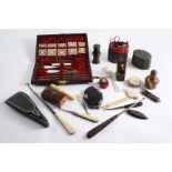 MISCELLANEOUS SEWING ITEMS ETC.:- A carved ivory needle case, a leather case with two pairs of steel