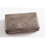 A MID 19TH CENTURY DUTCH OBLONG SNUFF BOX with reeded sides & base, the cover engraved with a