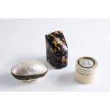 A VICTORIAN TORTOISESHELL NEEDLECASE in the form of a knife box, an ivory pill box set with a