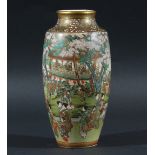 JAPANESE SATSUMA VASE, Meiji, applied S Kinkozan paper label, painted with a pagoda scene with