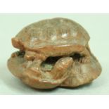 JAPANESE WOODEN NETSUKE OF THREE TORTOISES, signed, length 3.5cm; together with another of a