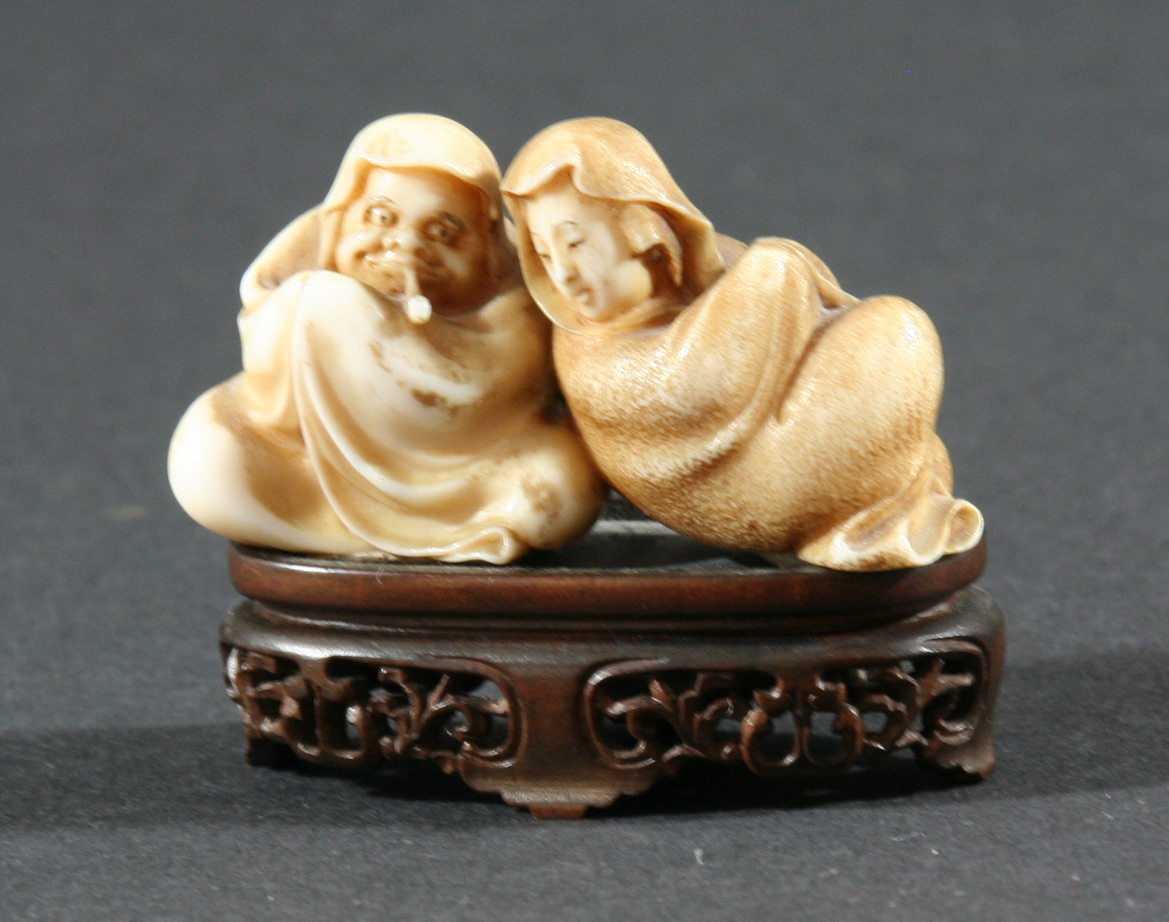 THREE JAPANESE NETSUKE, the first carved as a kneeling lady, height 3.5cm, together with a man - Image 5 of 6