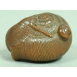 JAPANESE WOODEN NETSUKE OF A SNAIL, signed, 3.5cm; together with another of a frog and snail on a