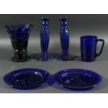 COLLECTION OF BRISTOL BLUE GLASSWARES, mainly 19th century, comprising a set of five plates, a