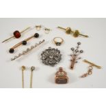 A QUANTITY OF JEWELLERY including a diamond and half pearl brooch, set in gold, a gold brooch set