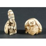 FIVE JAPANESE NETSUKE, the first of a man trying to lift a tree trunk and four other figures,