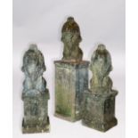 SET OF THREE RECONSTITUTED STONE LIONS, art deco style, modelled seated on separate stone plinths,