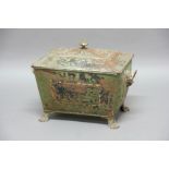 TOLE PEINTE COAL CASKET AND COVER, 19th century, of sarcophagus form with lion head handles and
