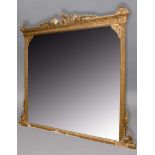 NEO-CLASSICAL GILT GESSO OVER MANTEL MIRROR, 19th century, the rectangular plate flanked by harebell