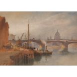RICHARD HENRY WRIGHT (1857-1930) A LADING STATION ON THE THAMES Watercolour and pencil 20.5 x 28.