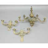 BRASS FIVE LIGHT CHANDELIER, the sconces on foliate scrolling supports, height 60cm, diameter