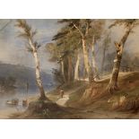 FOLLOWER OF DAVID HALL McKEWAN, RWS (1816-1873) A FIGURE ON A WOODLAND PATH BY A LAKE Watercolour