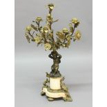 FRENCH BRONZE, ORMOLU AND MARBLE CANDELABRUM, late 19th century, modelled as a child holding up