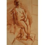 •ROSE HILTON (b.1931) SEATED NUDE STUDY Signed, sepia wash and ink 40.5 x 28.5cm. ++ A few slight
