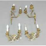 PAIR OF ROCOCO STYLE GILT METAL WALL LIGHTS, with two scrolling branches, height 34cm; together with