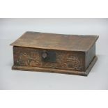 OAK BIBLE BOX, 18th century, initialled IW and dated 1738, height 20cm, width 59cm, depth 35cm