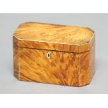GEORGE III BLOND TORTOISESHELL TEA CADDY, of canted rectangular form, with twin caddy interior,